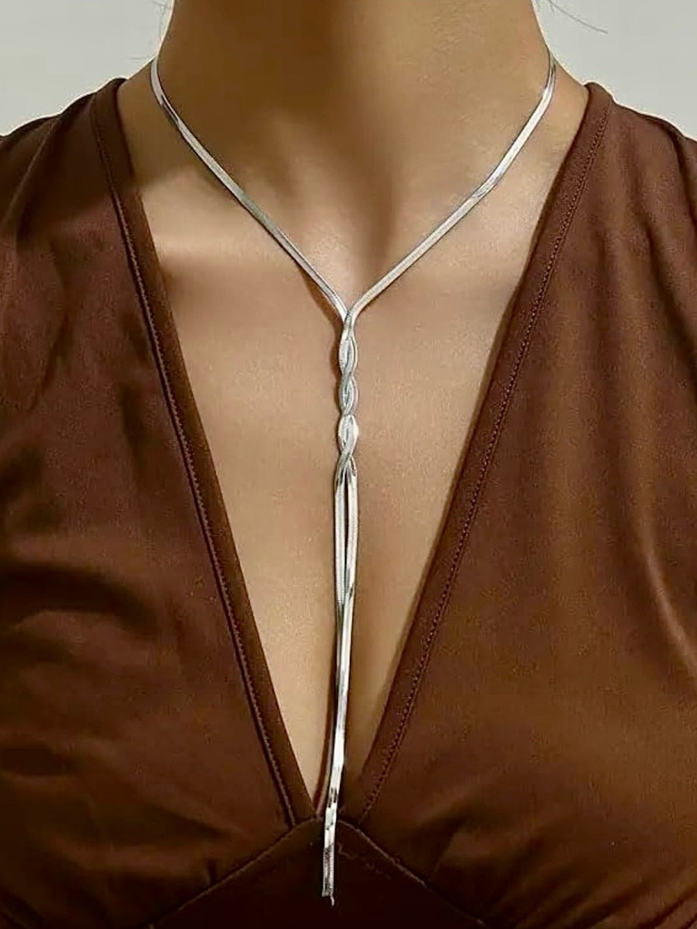 Sterling Silver Plated Twisted Y Lariat Necklace Modern Minimalist